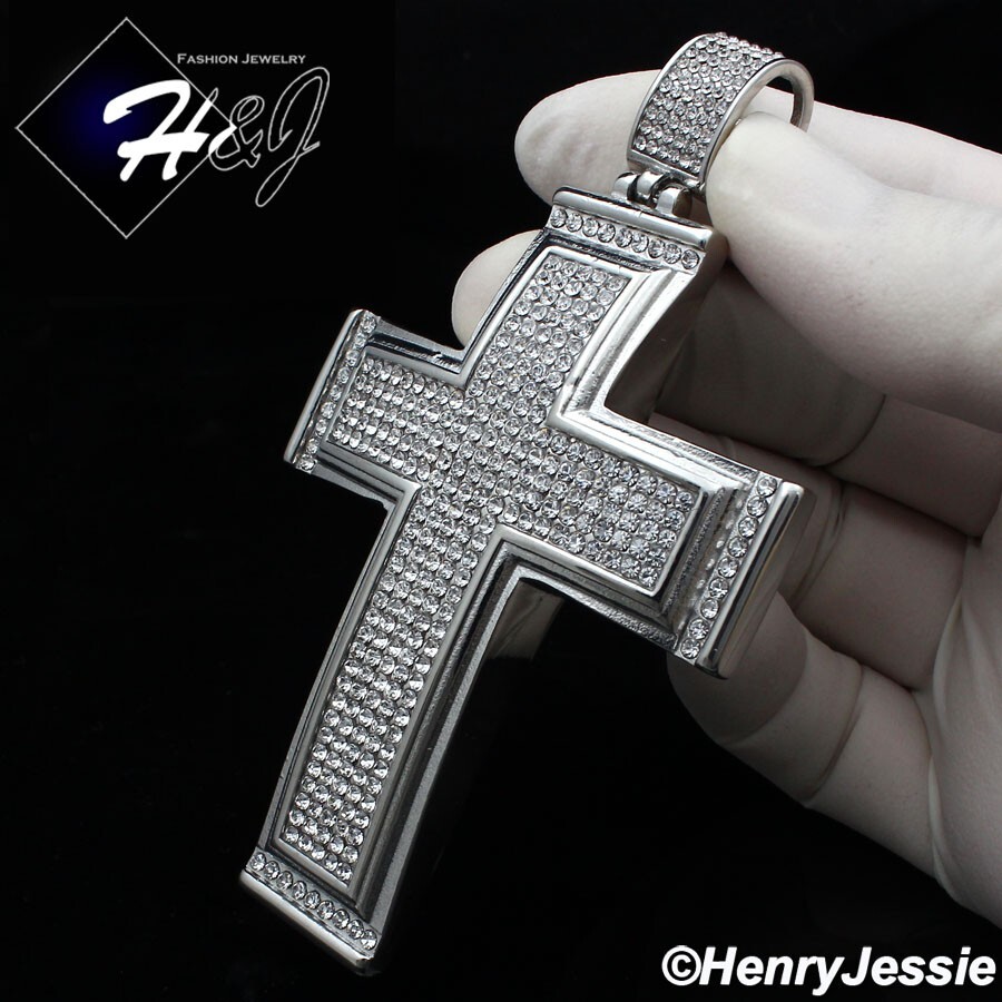 36″MEN Stainless Steel 9mm Silver Cuban Curb Chain BIG ICY CZ Cross Pendant*IP20