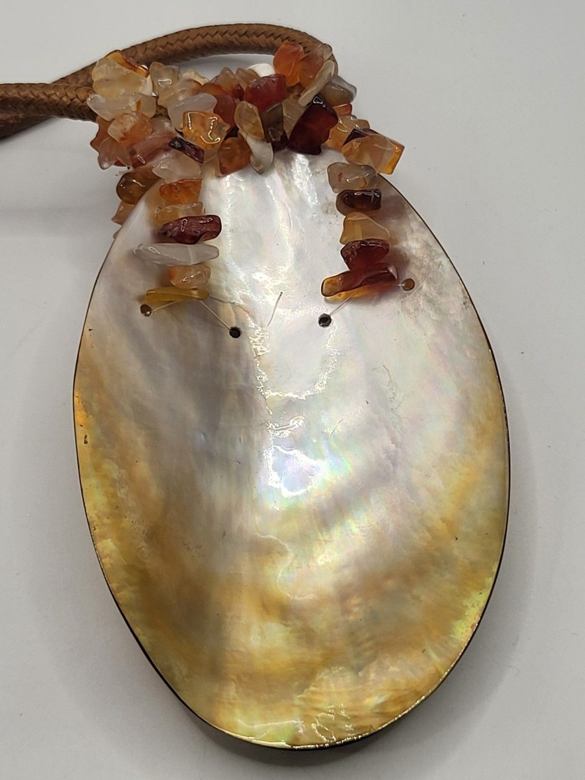 Artisan Iridescent Large Abalone Shell Pendant Corded Necklace Gemstone Chips