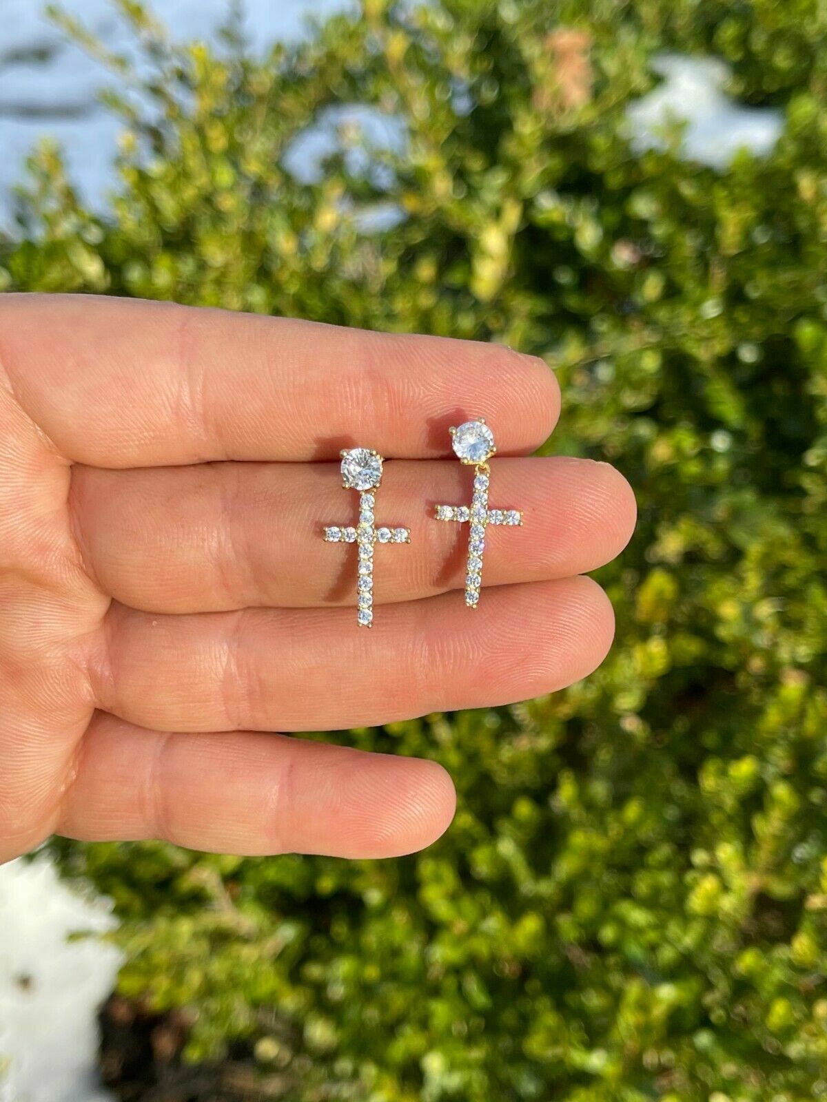 Real MOISSANITE 14k Gold Plated Dangle Cross Studs Earrings Iced Passes Tester