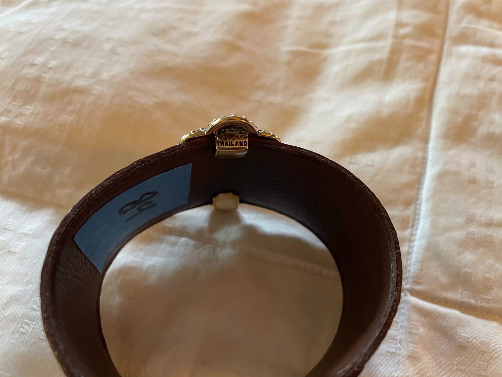 Barse Thailand, turquoise leather womens bracelet vintage gold tone