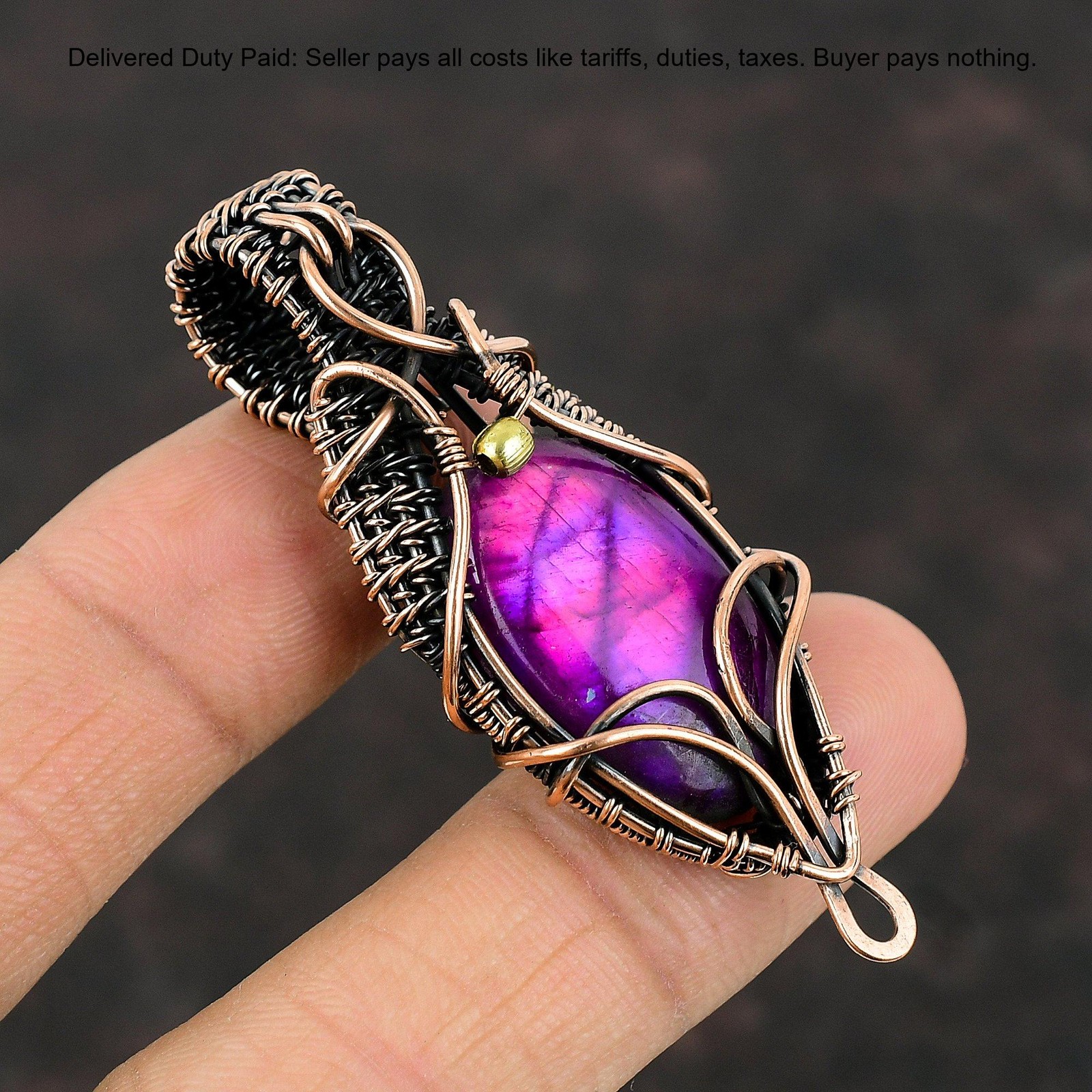 Copper Oval Natural Pink Fire Labradorite Christening Third Eye Chakra Pendant