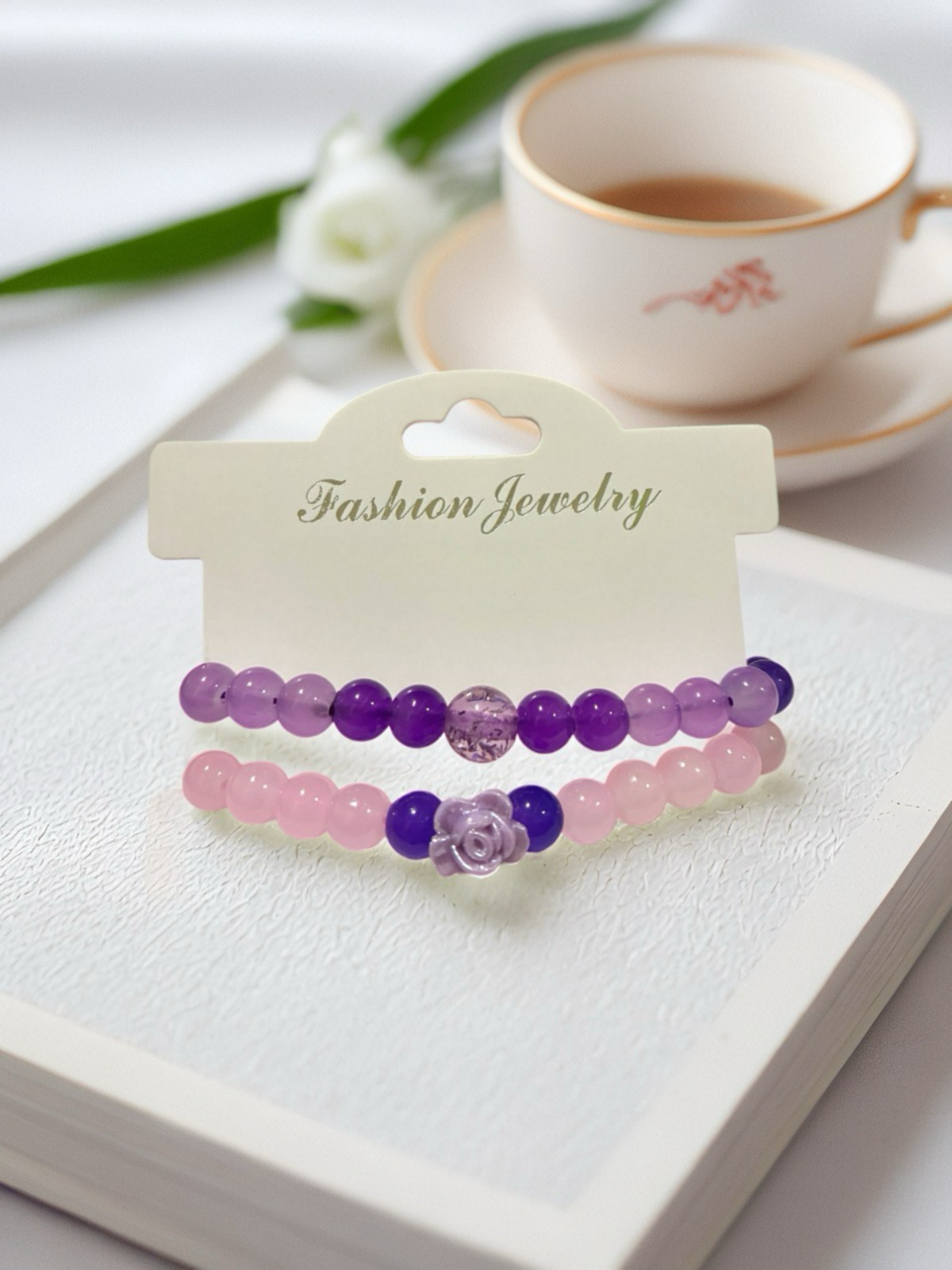Set of 2 purple and pink handmade 8 mm crystal bracelet for all occasions