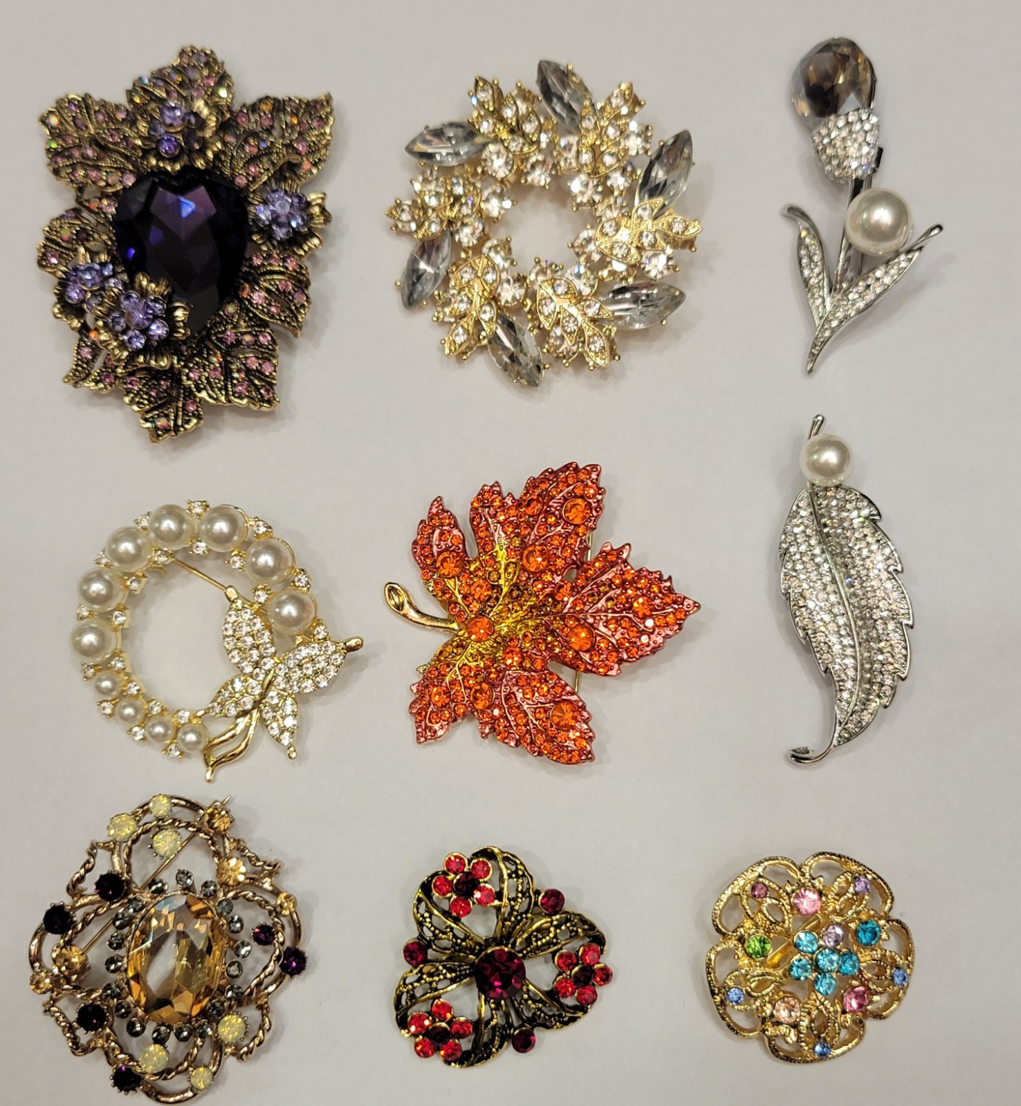 Gorgeous Rhinestone Flower Floral Leaf Stunning All Occasions Brooch Lot CA P56