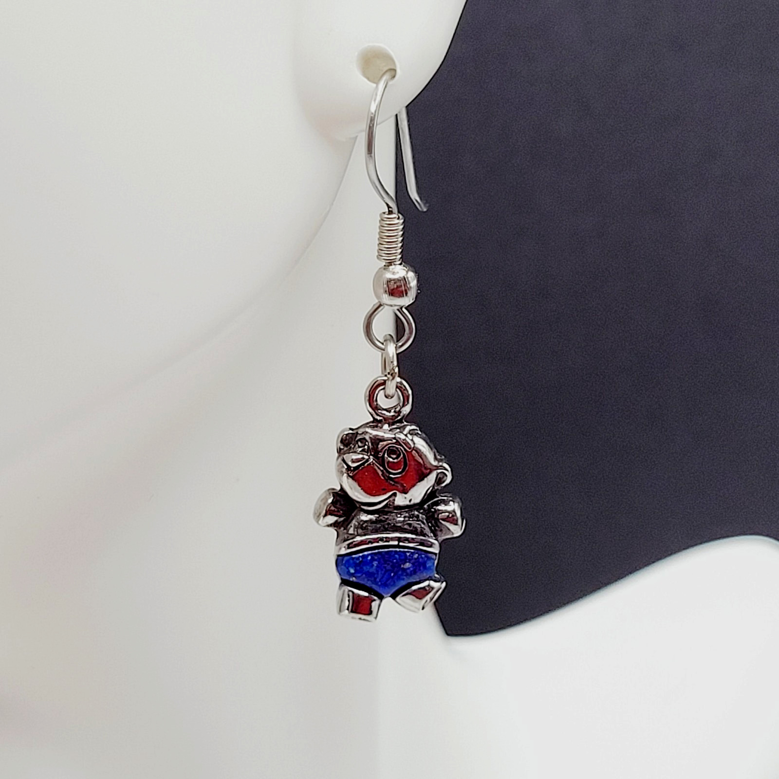 SW Waldeck Johnson Teddy Bear Lapis Lazuli Silver Tone Pierced Hook Earrings