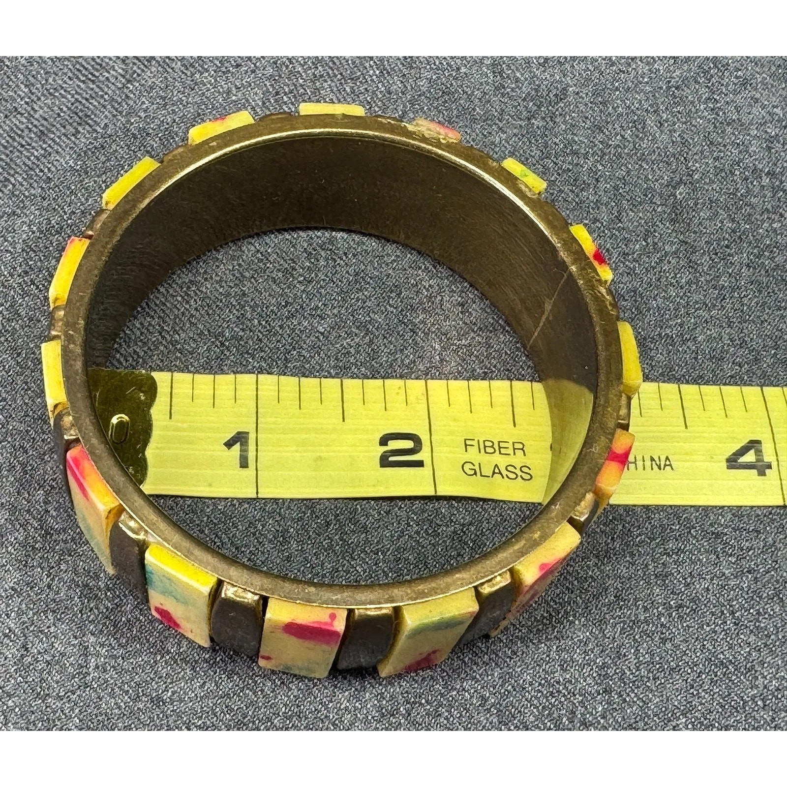 Vintage Color Splatter Splash Painted Bone Inlay Brass Bangle Bracelet