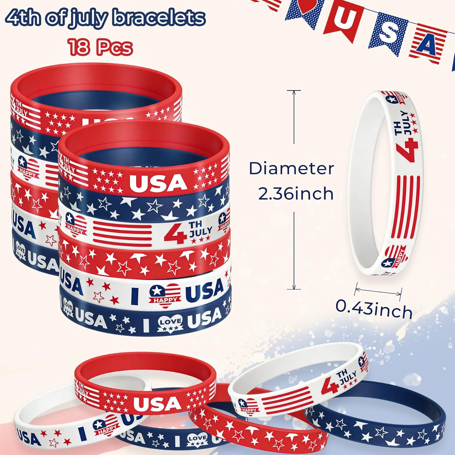 American Flag Silicone Bracelet 18 Pcs 4Th of July Patriotic Wristbands Red Whit