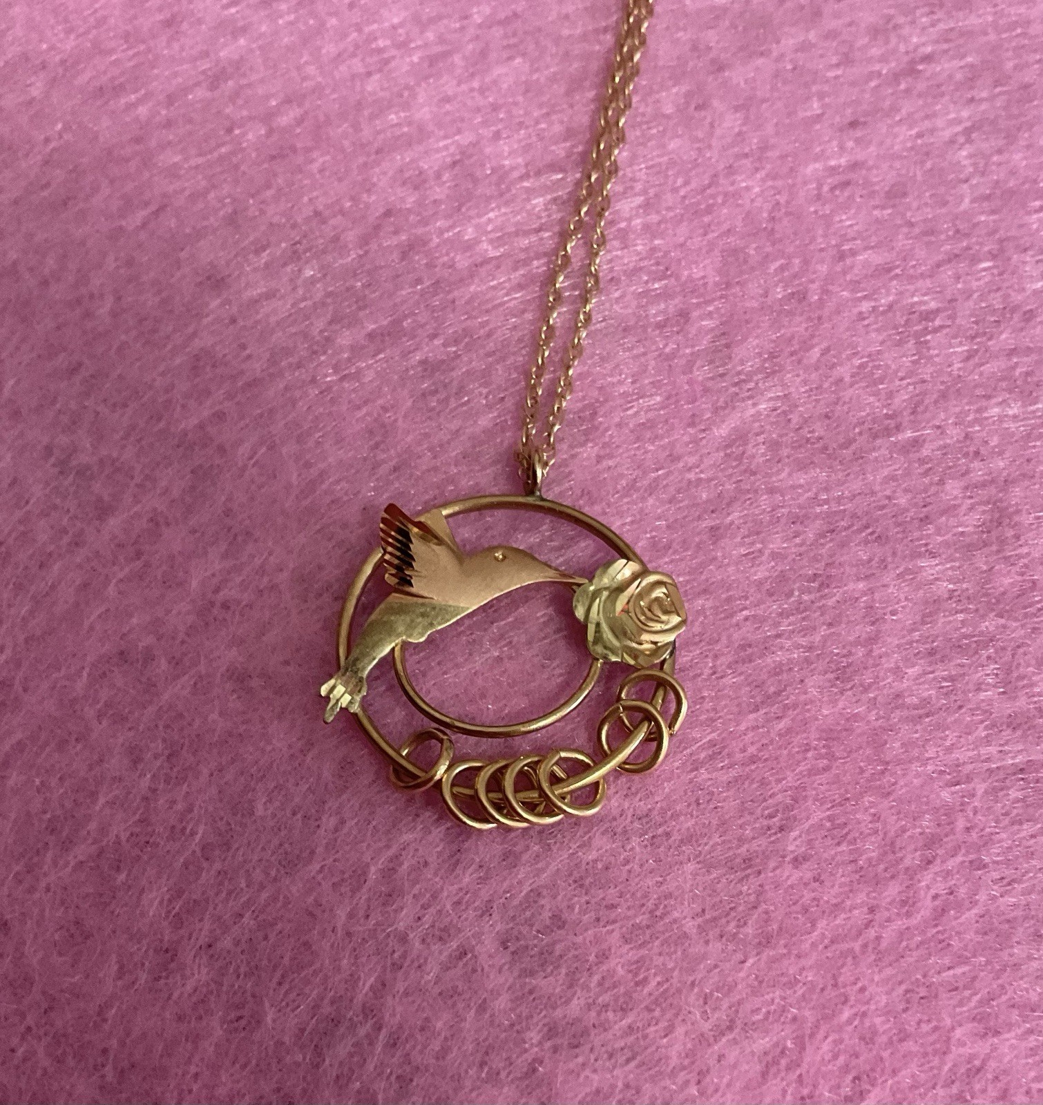 14K Black Hills Gold Hummingbird and Rose Pendant