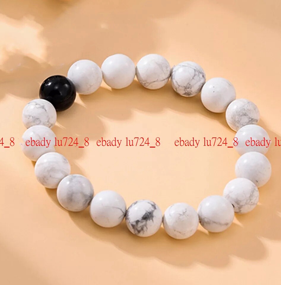 Beautiful White Howlite 6/8/10/12mm Black Agate Round Gems Beads Bracelet 7.5″