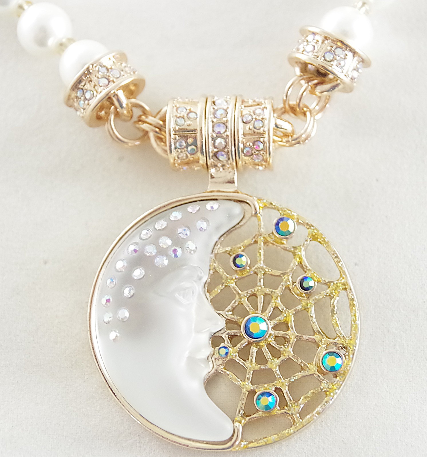 KIRKS FOLLY AB CRYSTAL RHINESTONE WHITE MOON/ DREAM CATCHER ENHANCER NECKLACE