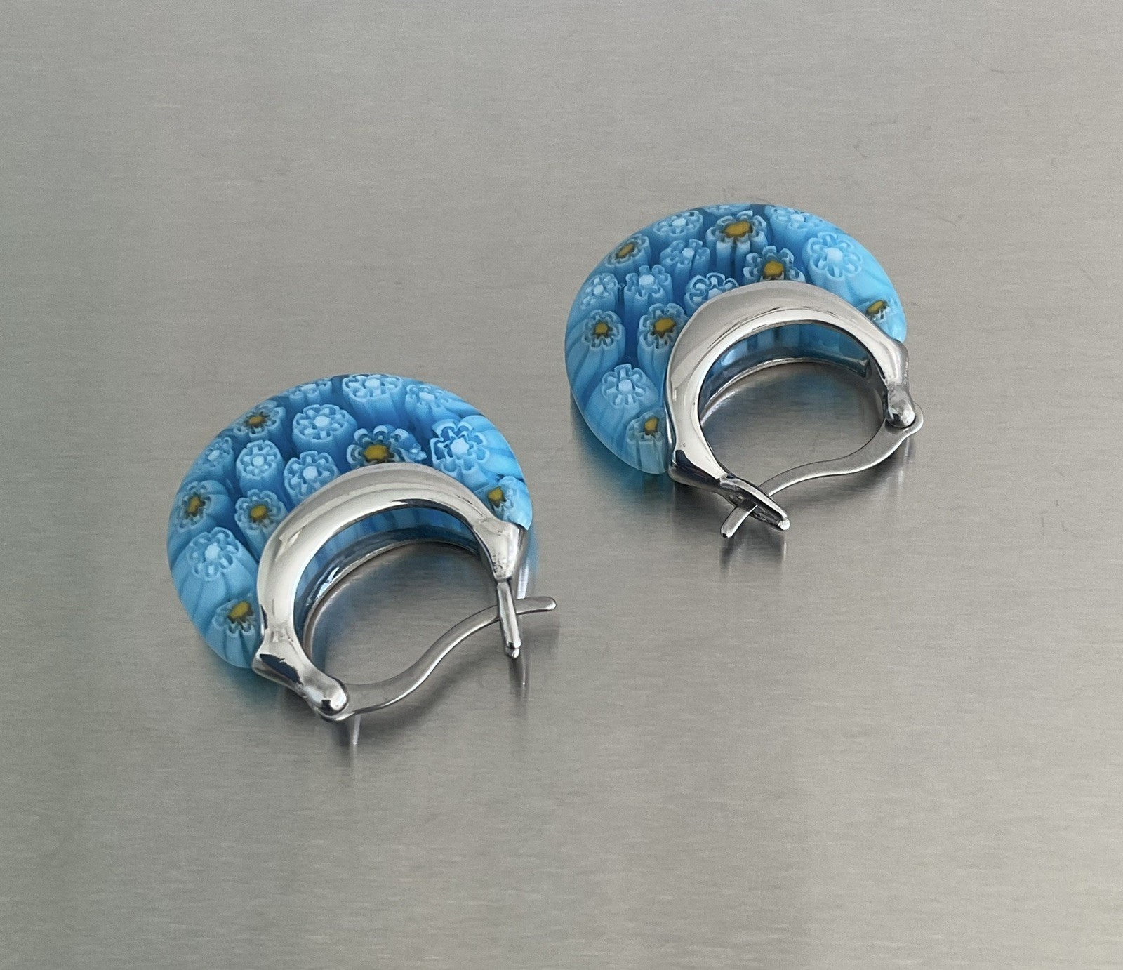 Blue Murano Millefiori Style Daisy Glass 1″ Hoop Earrings Stainless Steel