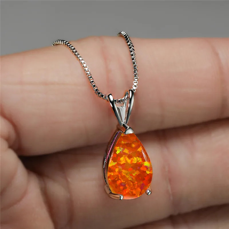 Boho Female Small Blue Green Opal Water Drop Pendant Necklace Silver Color Weddi