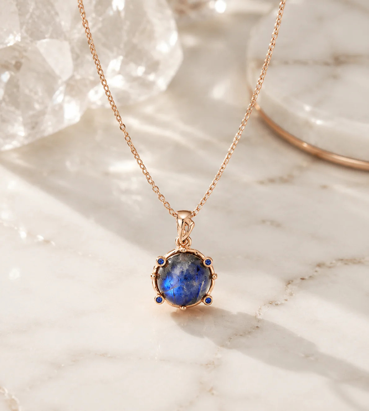 22K Pink Gold Plated Spectrolite & Blue Sapphire Sterling Silver Necklace 16” l