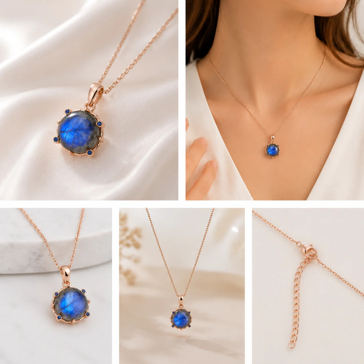 22K Pink Gold Plated Spectrolite & Blue Sapphire Sterling Silver Necklace 16” l