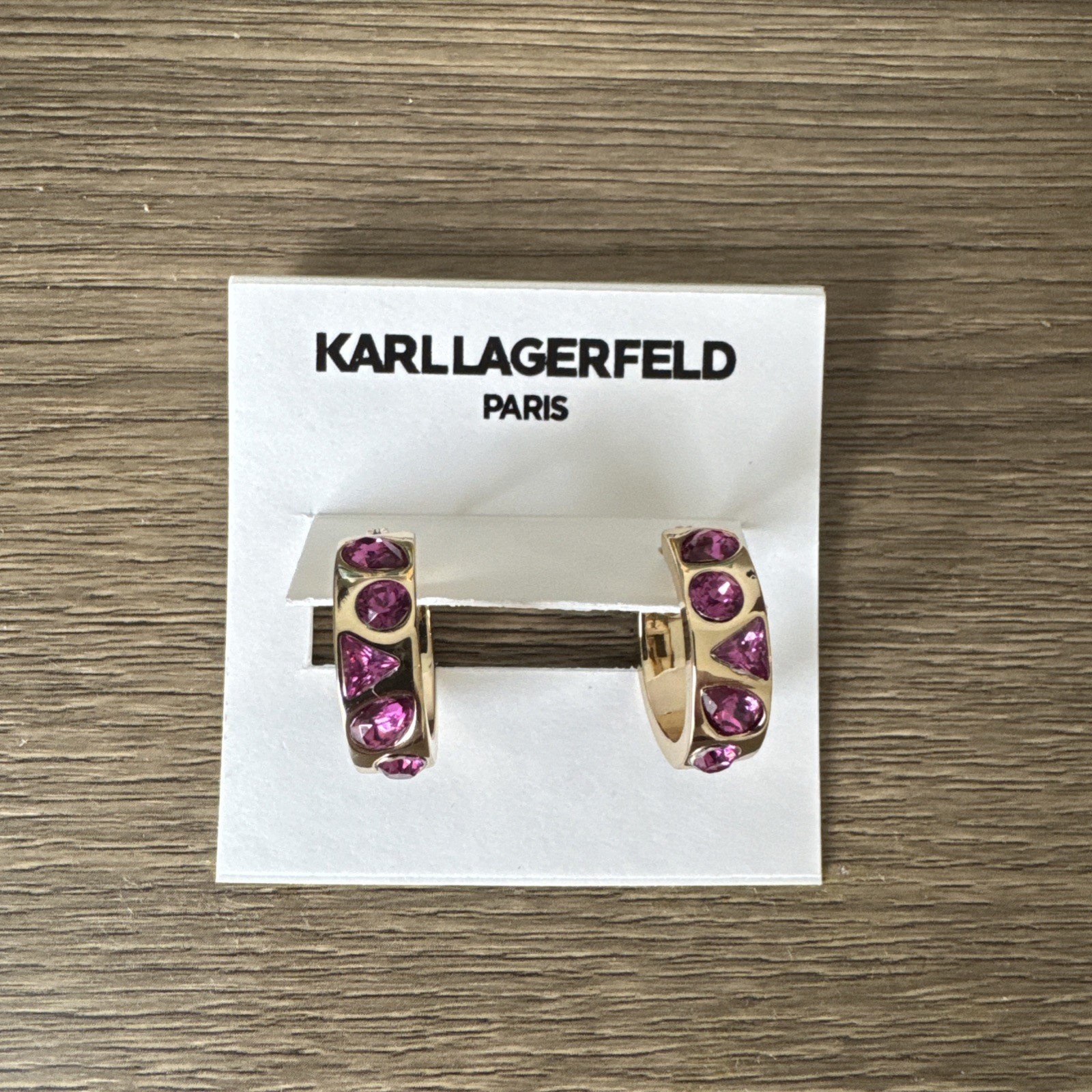 Karl Lagerfeld Paris Gold Tone Josephine Pink Crystal Hoop Earrings NWT