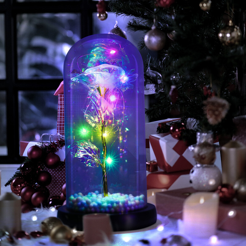 Preserved Eternal Gold Foil Rose In Glass Galaxy Flower Dome LED Light Gift Her