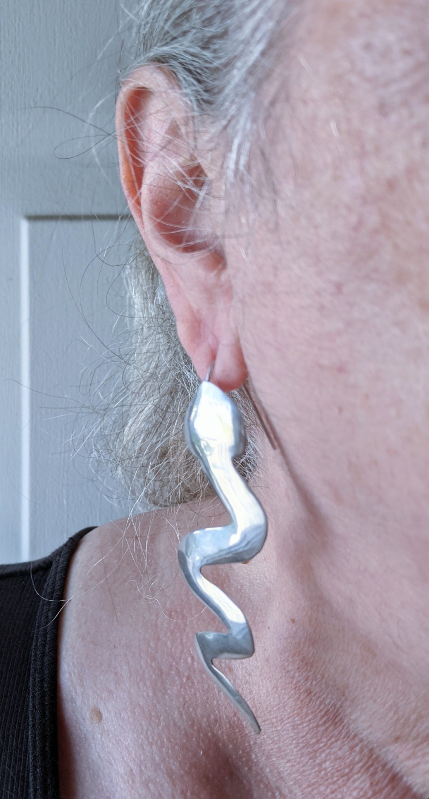 Edgy Crawling Snake Serpent Sterling Silver Long Hook Drop Earrings 3 1/4 Inch
