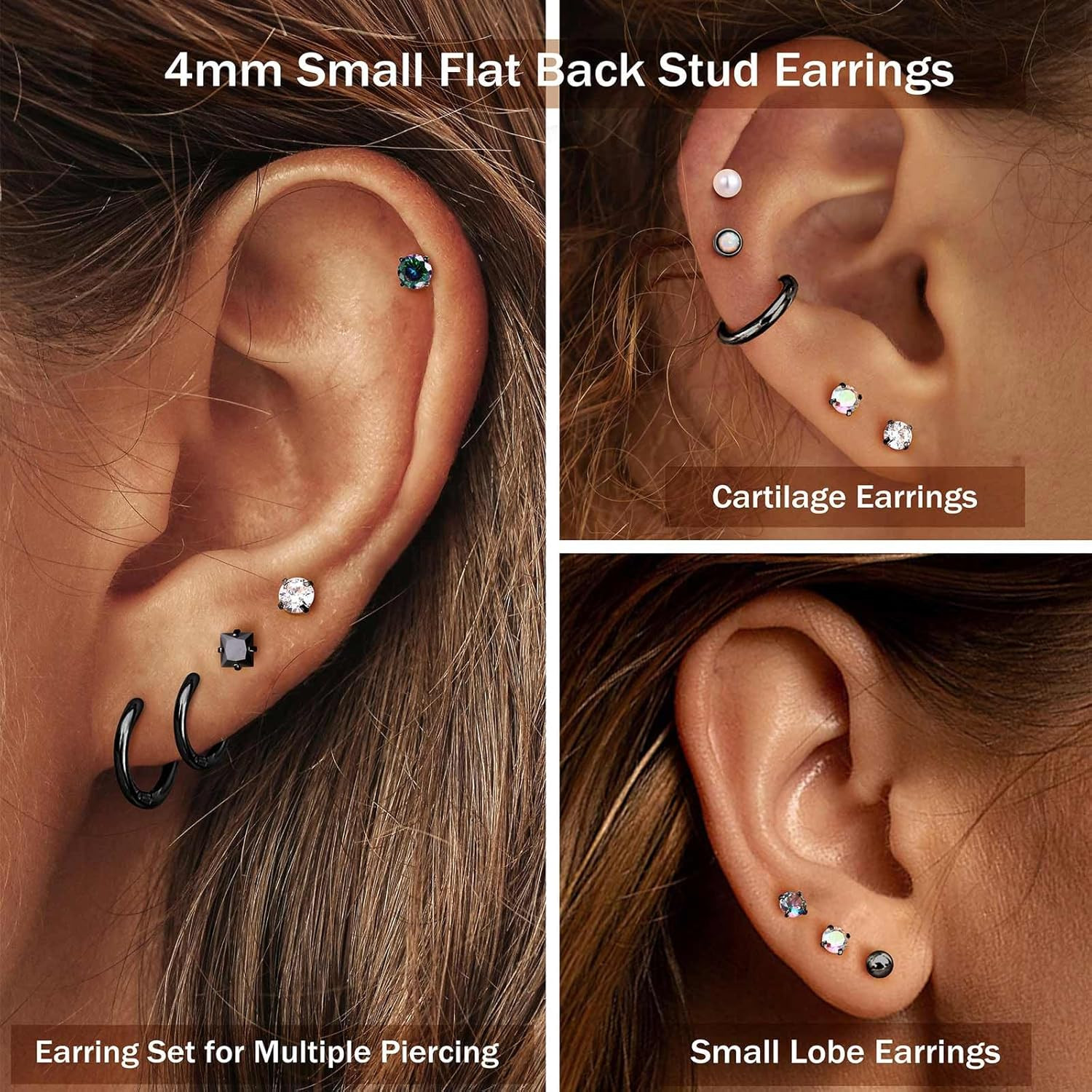 Hypoallergenic Flat Back Stud Earrings for Women Men Surgical Stainless Steel Ea