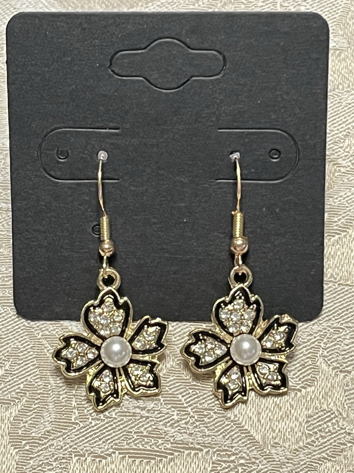 Vintage Retro Black Floral Pearl Gem Gold Drop Dangle Bohemian Fashion Earrings