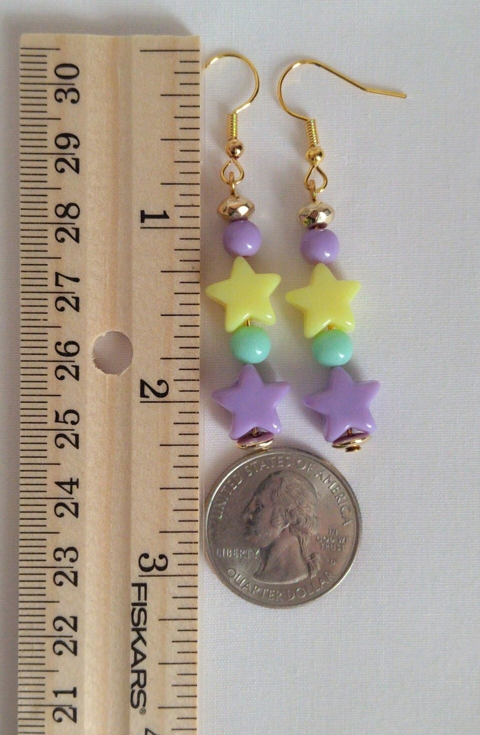 Handmade Purple and Yellow Star Bead Drop Stick Earrings Gold Tone Celestial