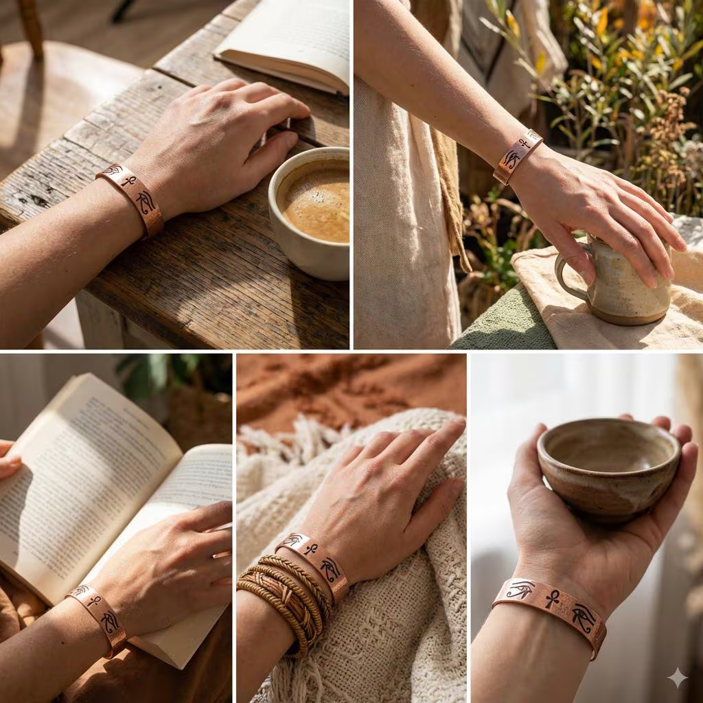 Pure Copper Spiritual Ankh & Eye of Horus Cuff – Handmade Boho Gift
