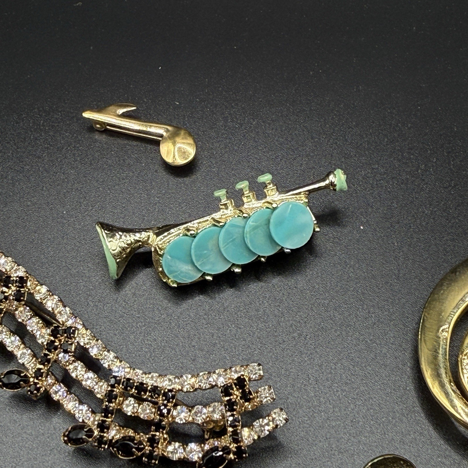 Music-Themed Gold Tone Enamel & Crystal Rhinestone Brooch / Pin / Pendant Lot