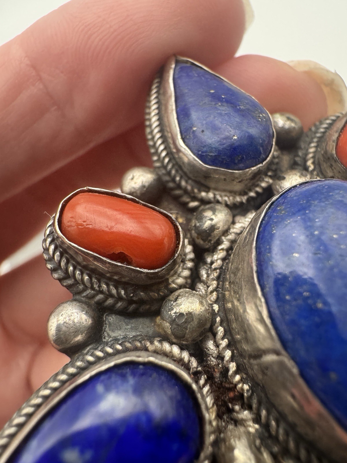 Tibetan Nepal 925 Sterling Silver Lapis & Coral Pendant 49g