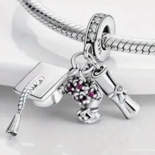 GRADUATION CAP DIPLOMA CZ STERLING SILVER CHARM BRACELET PENDANT BEAD & POUCH!