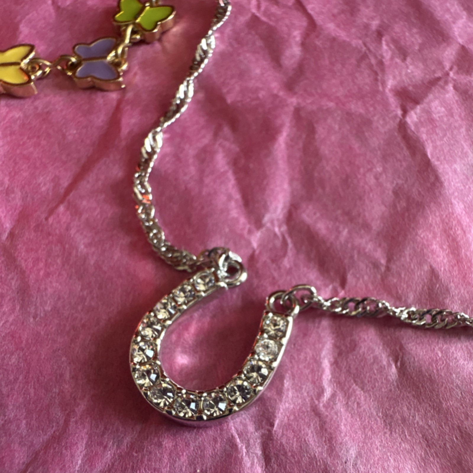 Multicolor Butterfly Enamel Bracelet & Silver Horseshoe Necklace Set Metal