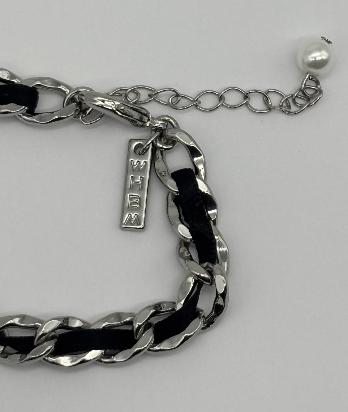 White House Black Market Silver-Tone Links W/Black Ribbon Double Tassel Necklace