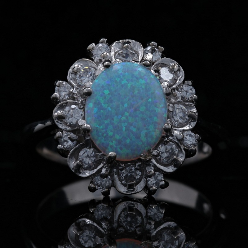 Sterling Synthetic Opal & Cubic Zirconia Floral Halo Ring -925 Oval 1.70ctw Sz 7