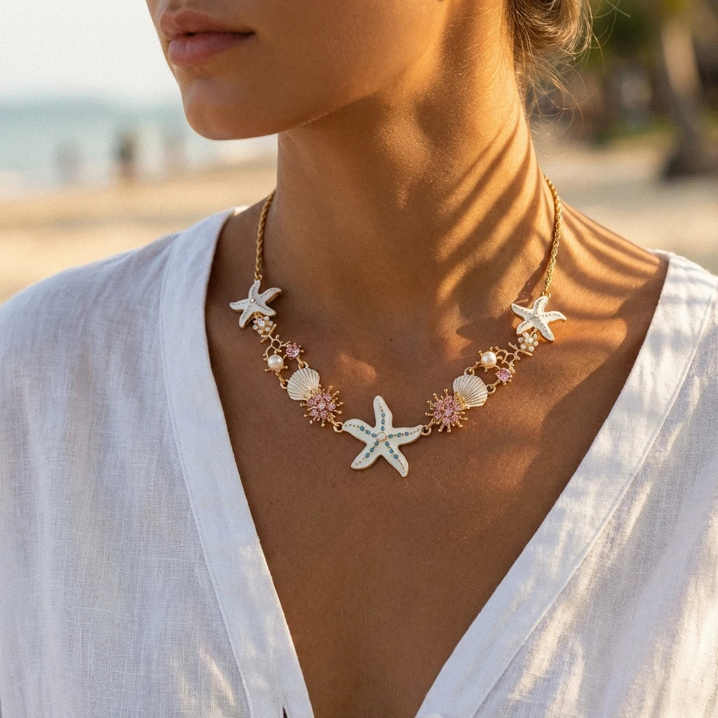 Boho Starfish Shell Coral Pearl Pendant Necklace For Women Shiny Crystal Zircon