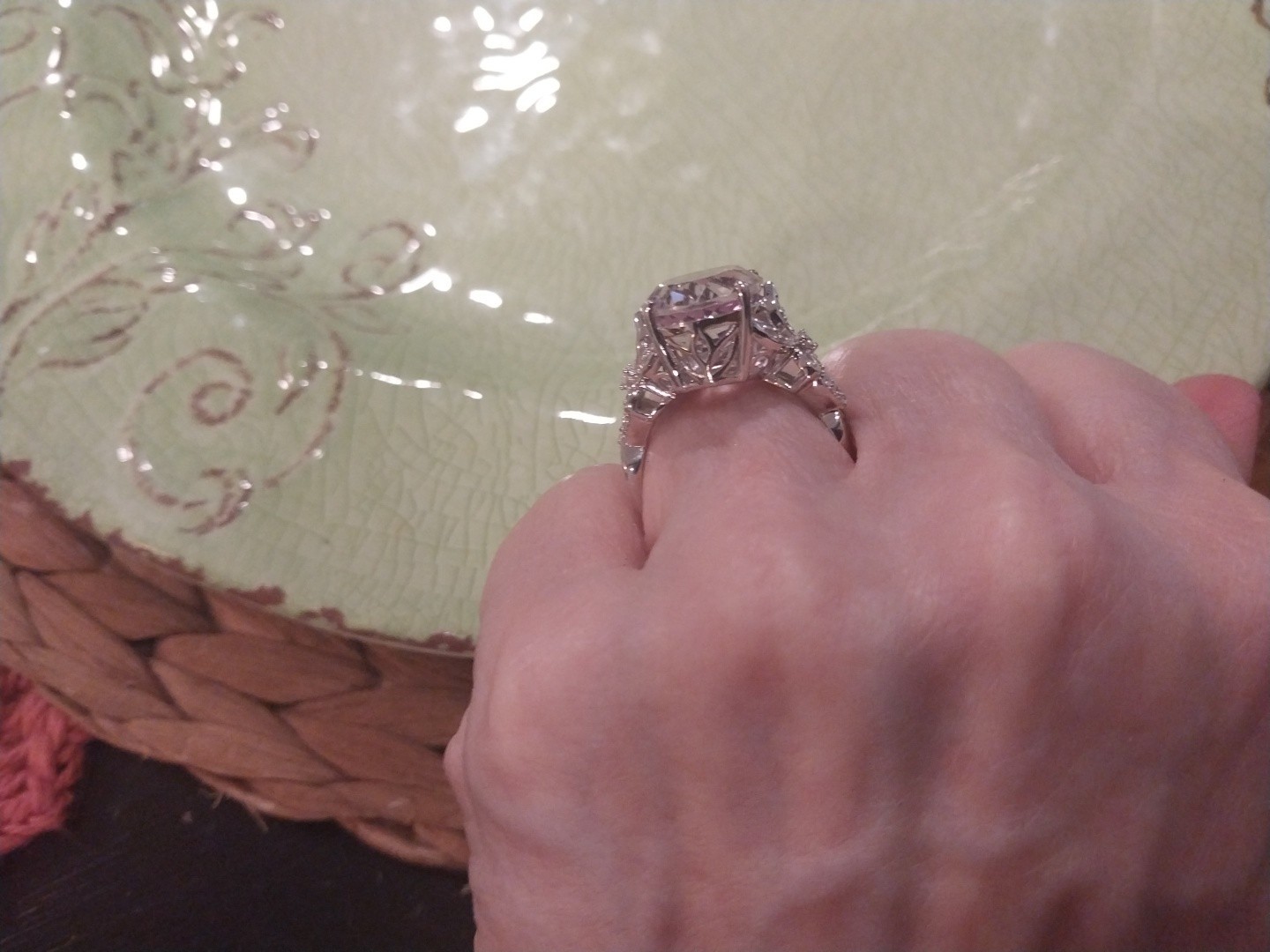 Karis Rose De France Amethyst, White Zircon Floral Rng PlatBond, sz 9, TCW= 9.70
