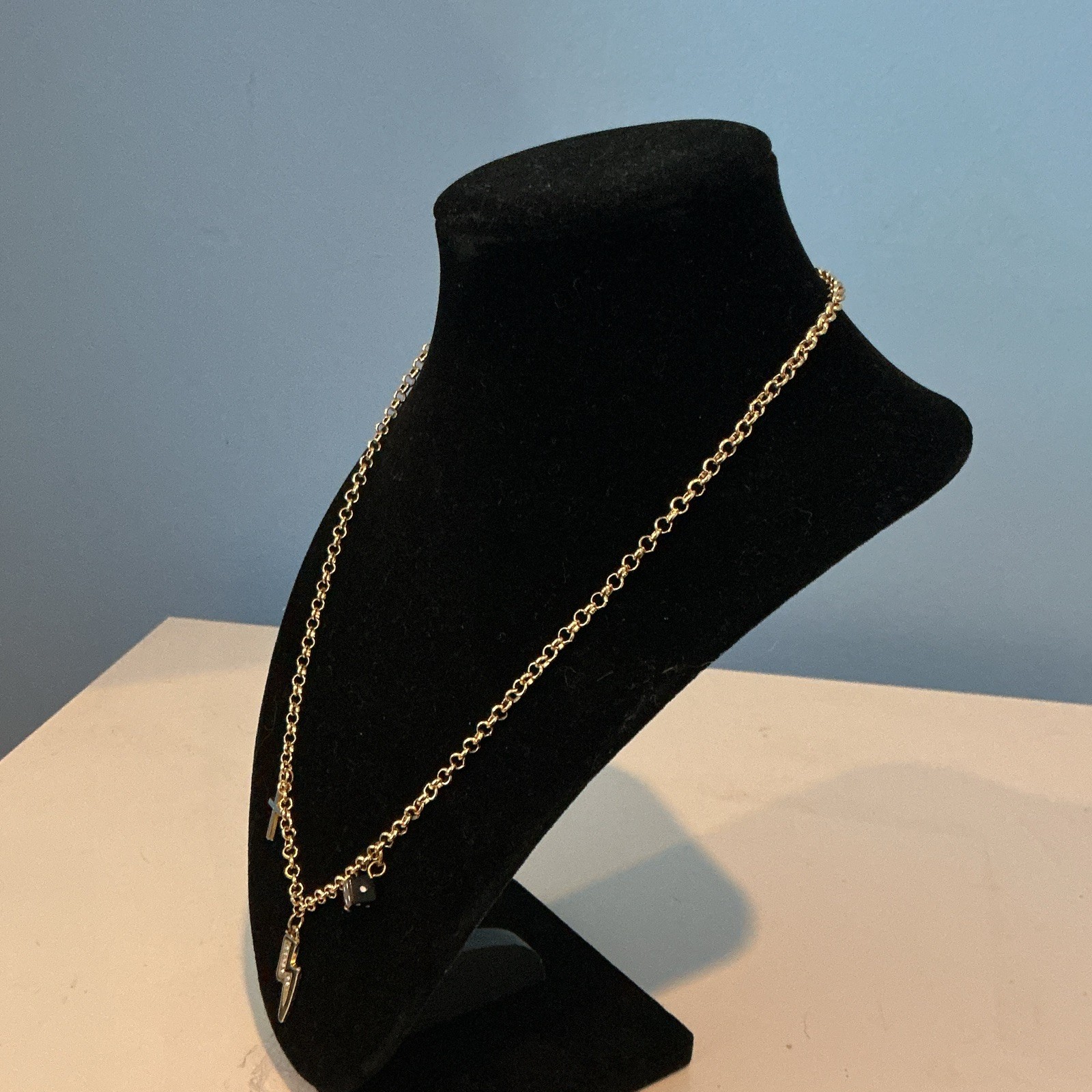 Gold Tone Oval Link Chain Charm Necklace w/ Cross, Lightning Bolt & Dice