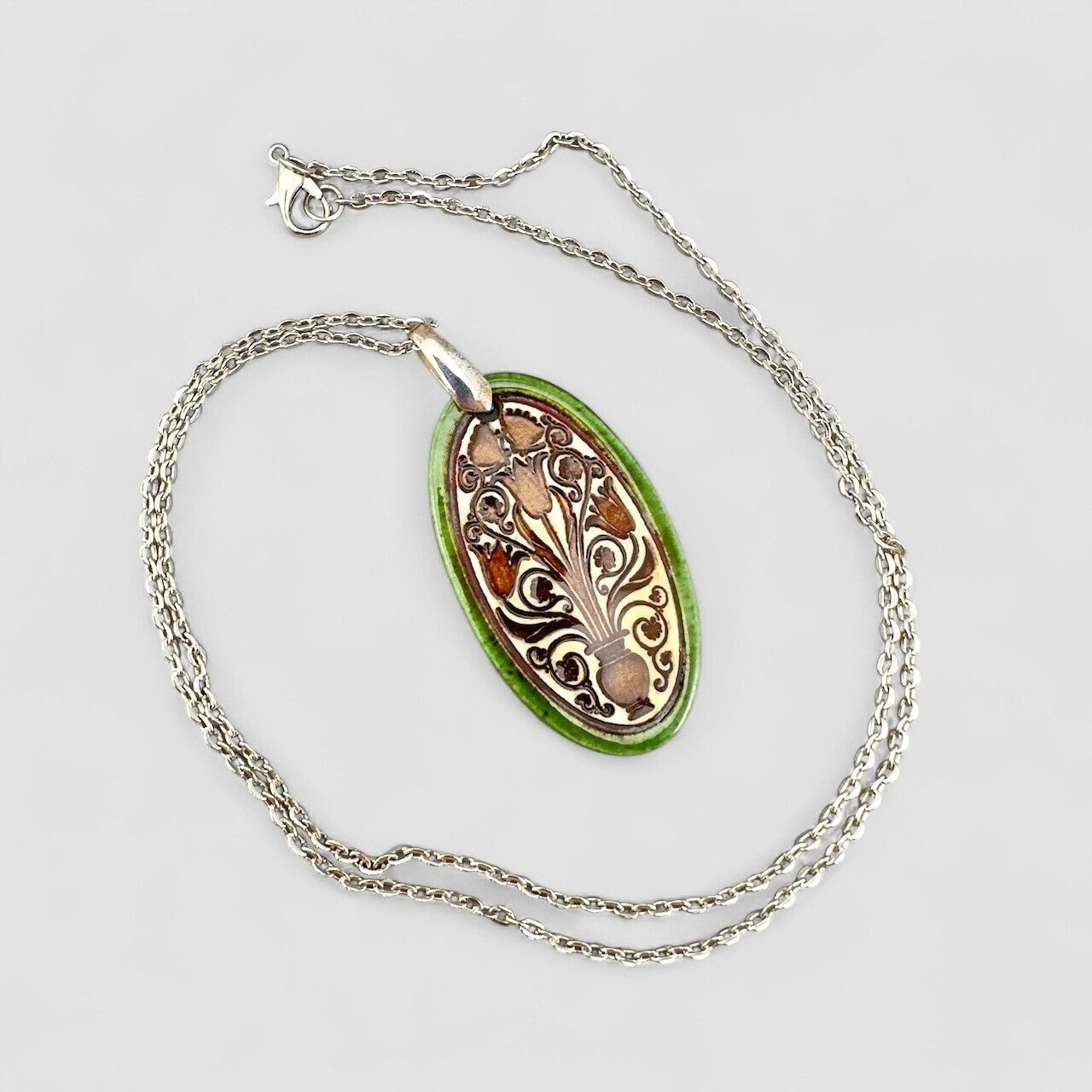 Handcrafted Oval Porcelain Tulip Vase Floral Pendant Necklace Silver Tone Chain