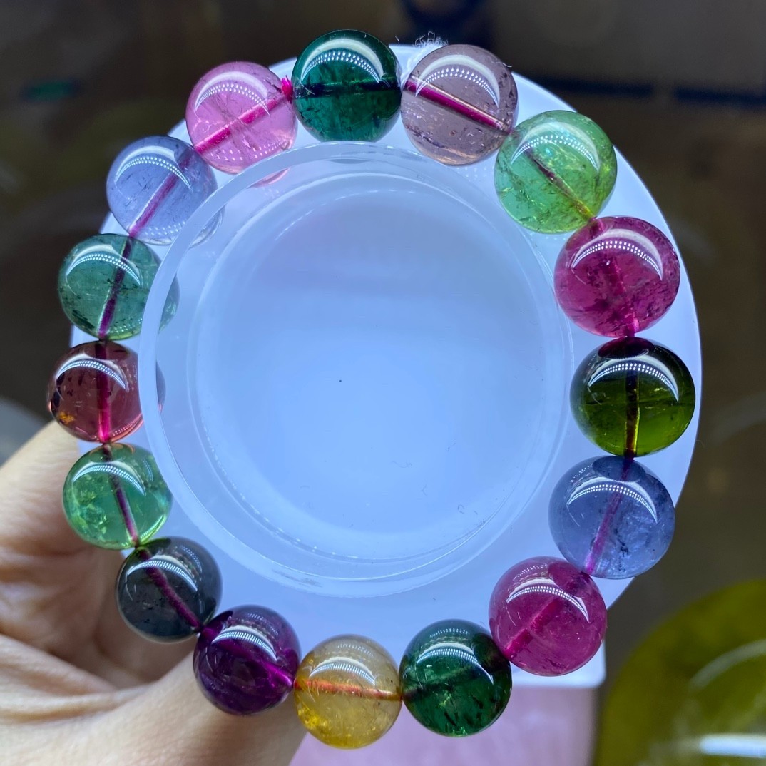 13.1mm Natural Tourmaline Beaded Bracelet Premium Rainbow High Clarity Gemstone