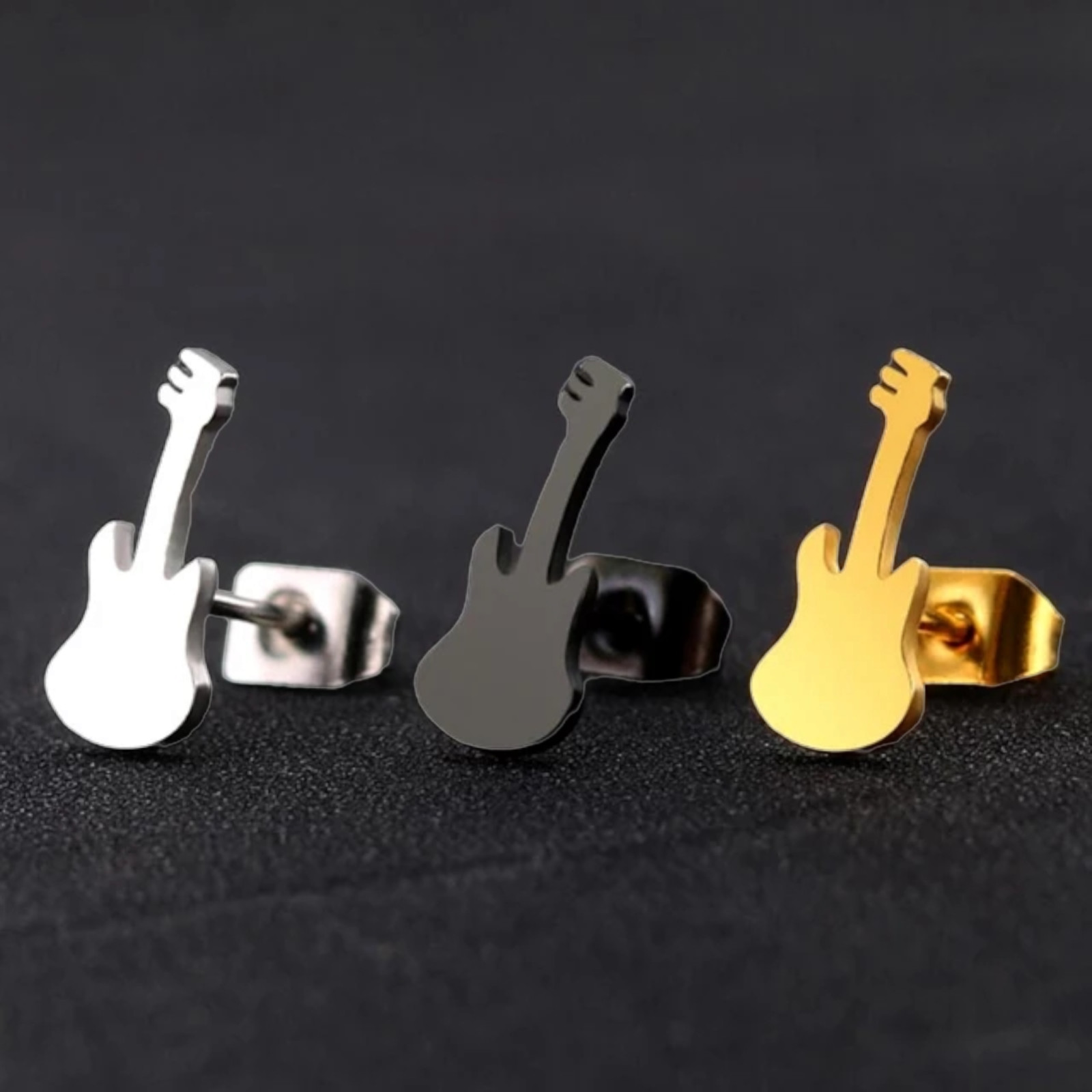 Stainless Steel Gold Plated Guitar Shape Stud Earrings Unisex, Women, Men
