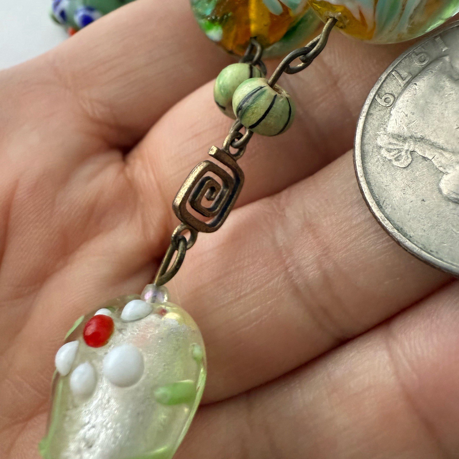 Vintage Green Multicolor Lampwork Art Glass Beaded Heart Drop Necklace