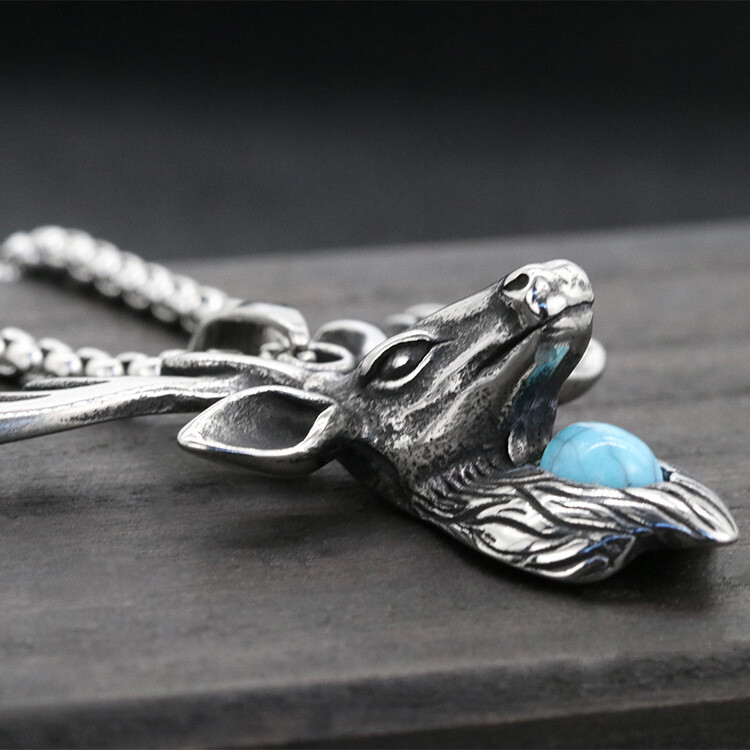 Mens Turquoise Deer Head Antler Pendant Necklace Animal Jewelry Box Chain 24″