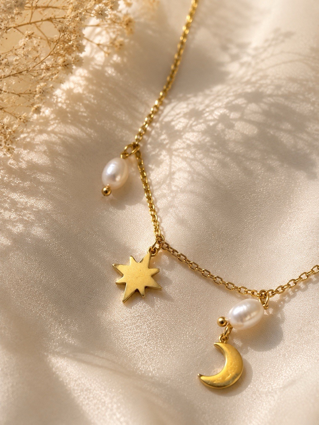 18k Gold Plated Moon Star Charm Pendant Necklace White Pearl Cable Chain