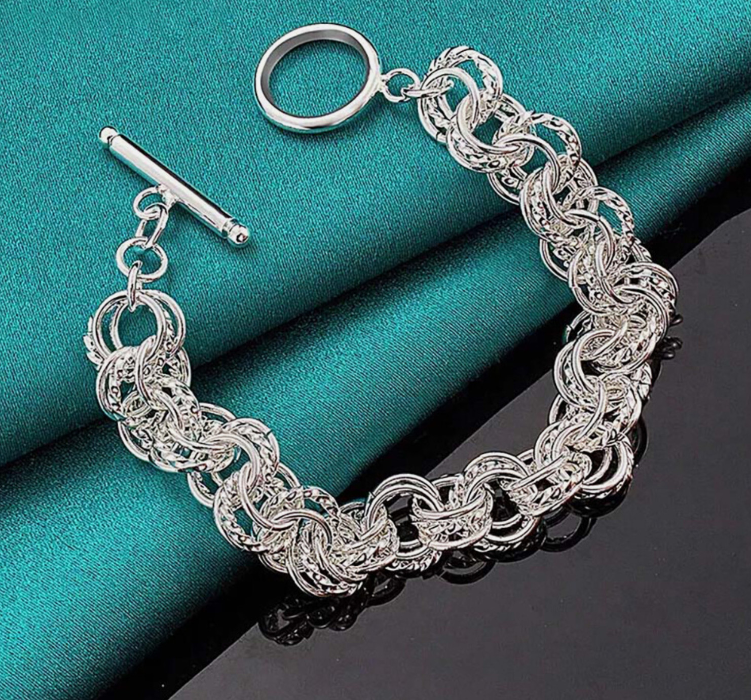 Bracelet 8 in 925 Sterling Silver Charm Round Link Chain Interlocking Many Rings