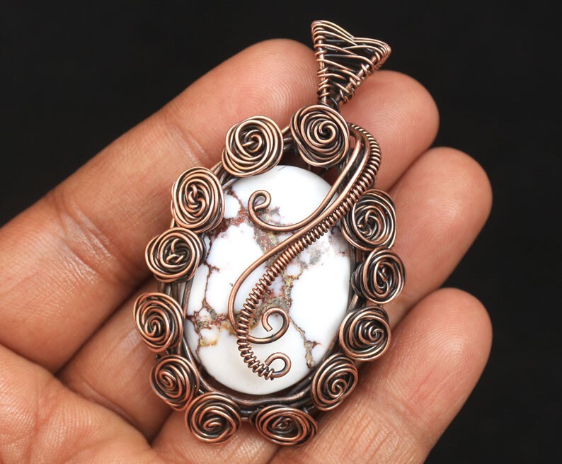 Copper Wire Wrap Flower Pendant Jewelry Wild Horse Jasper Gemstone Gift N277