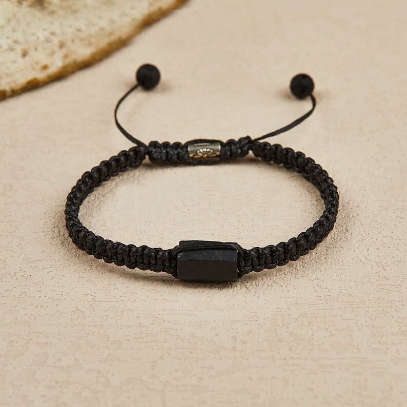 Raw Black Tourmaline Hand Braided Black Cord Healing Women Men Crystal Bracelet