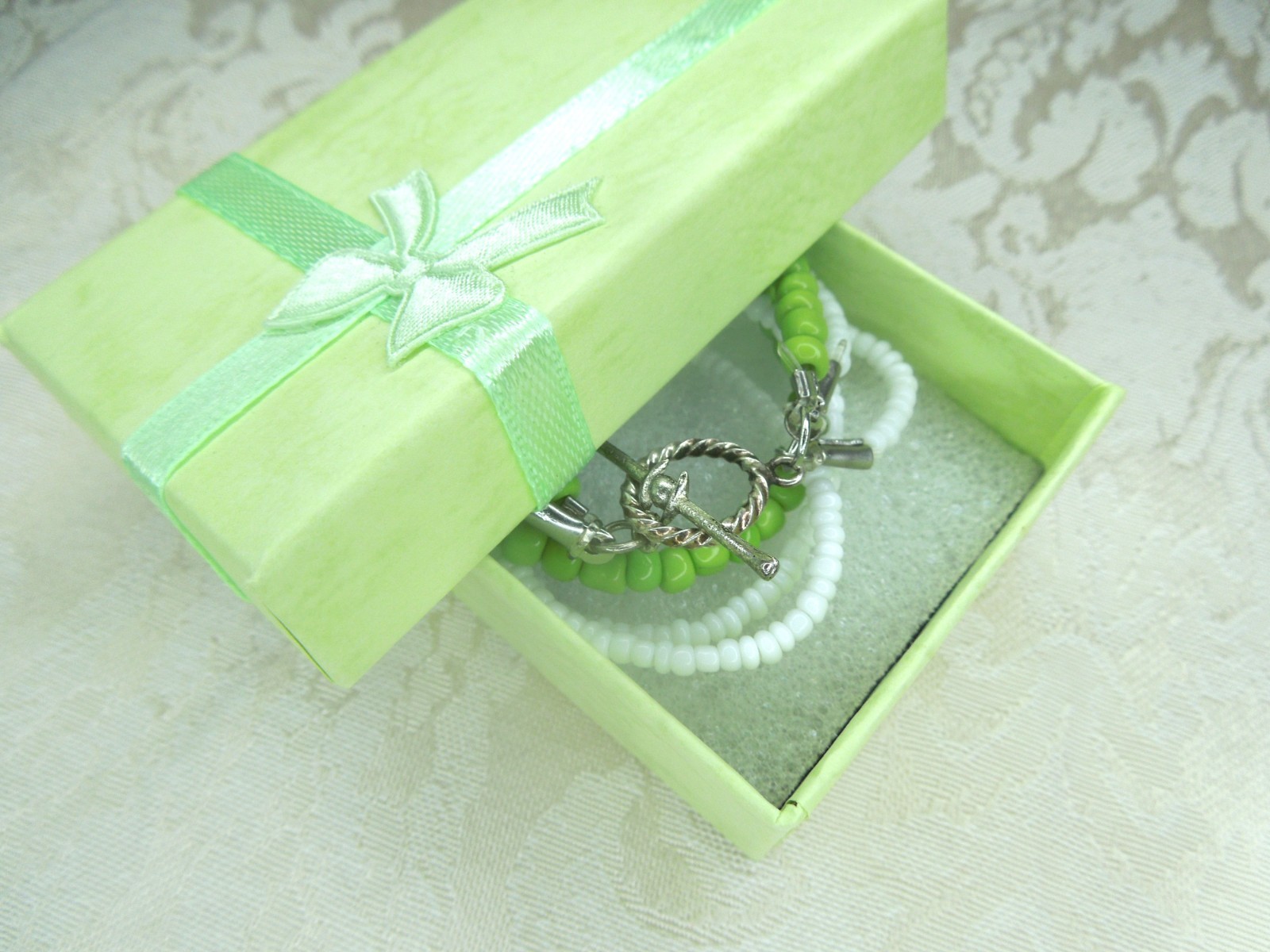 Green White Bracelet Handmade MultiStrand Ceramic Beaded Colorful 9 in Plus Size