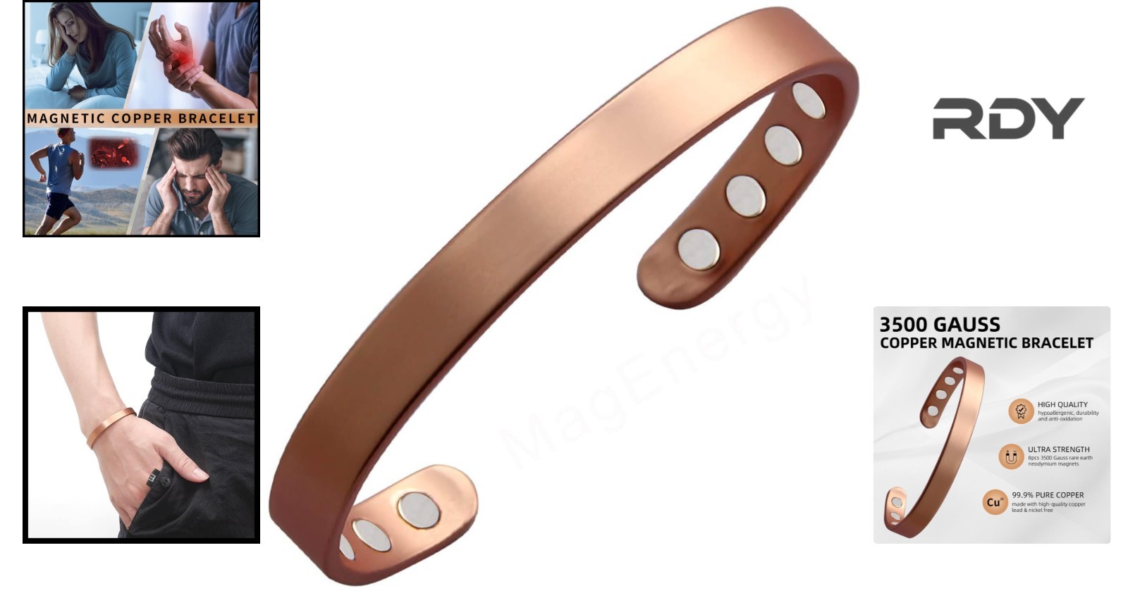 Stylish 99.9% Pure Copper Adjustable Bangle with 8 Magnetic Therapy Gems, 6.8″