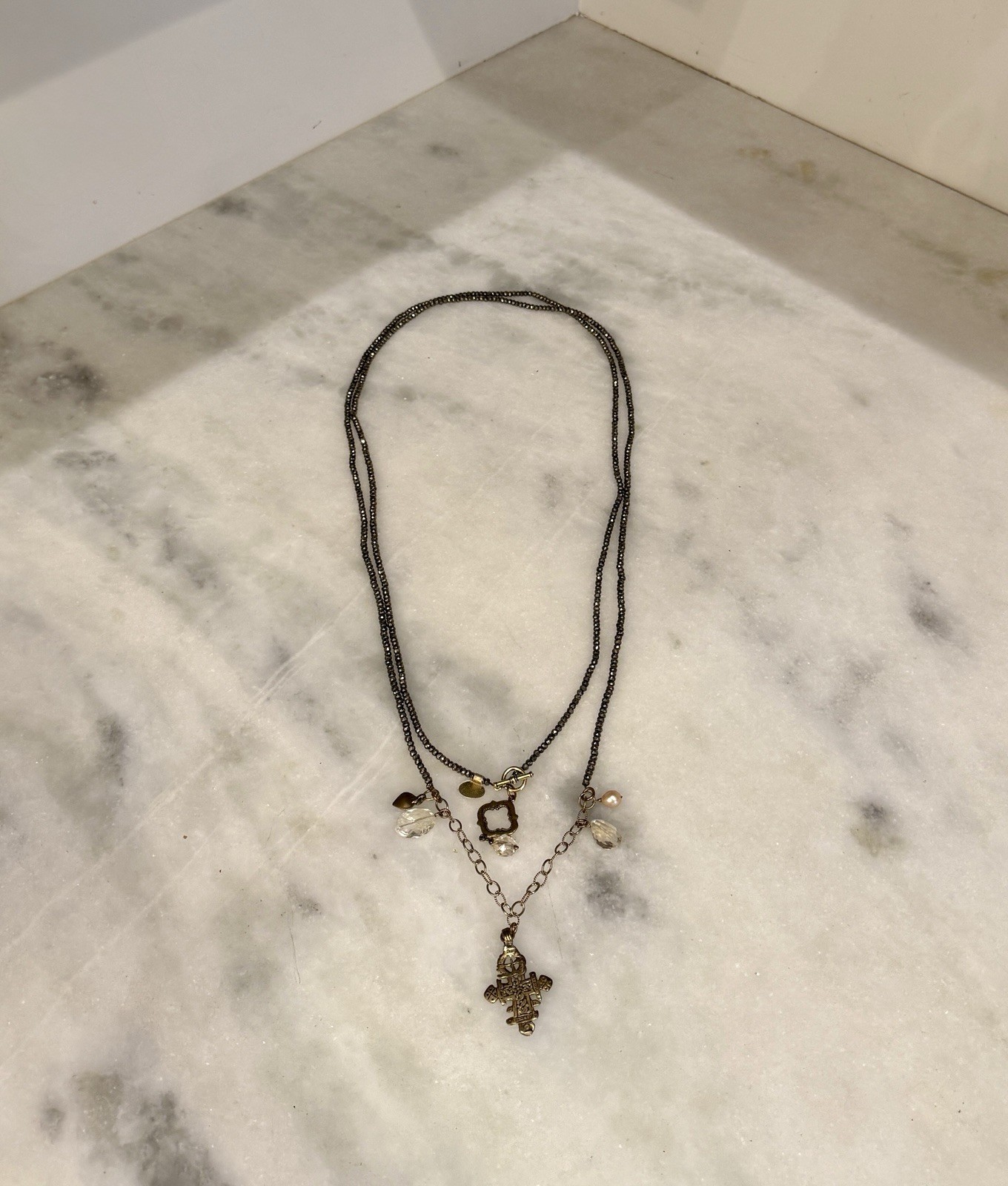 Bittersweet Designs Pyrite Chain W/ Cross Pendant & Charms Layered Necklace 66”