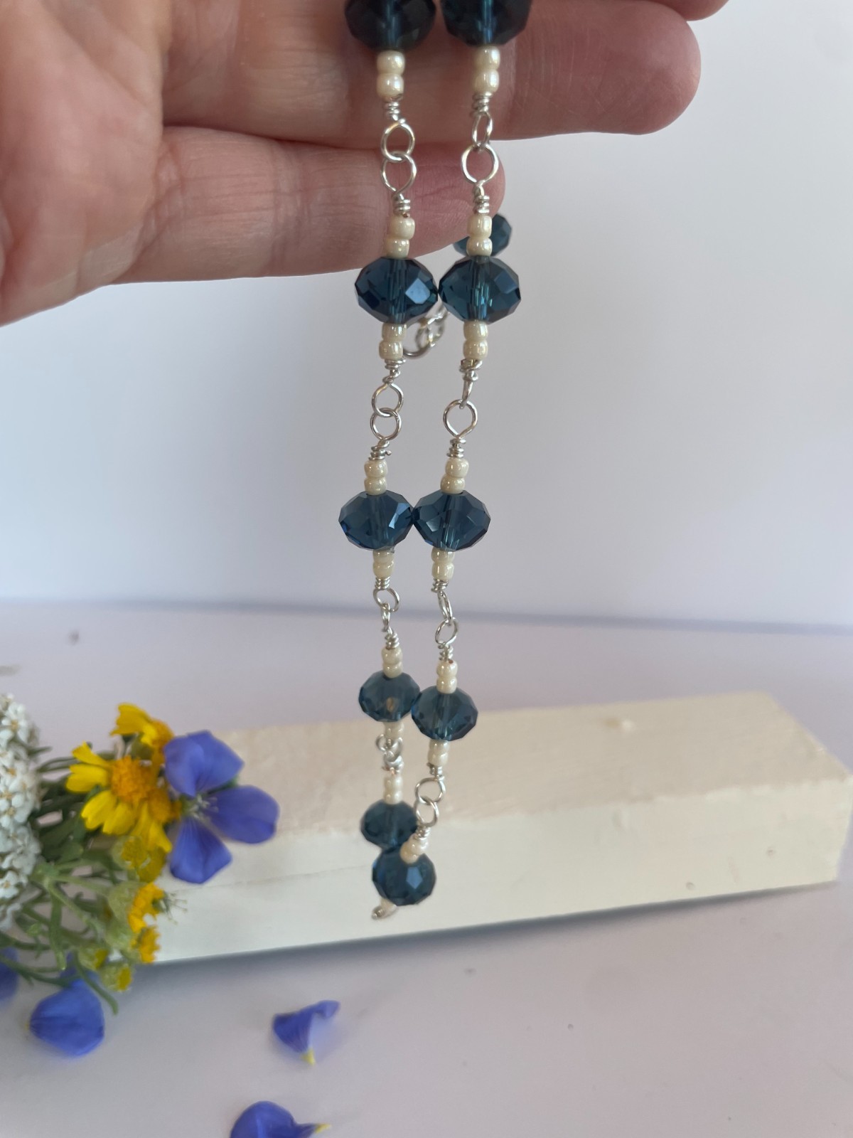Unique Handmade Glass Midnight Blue and White Beaded Necklace