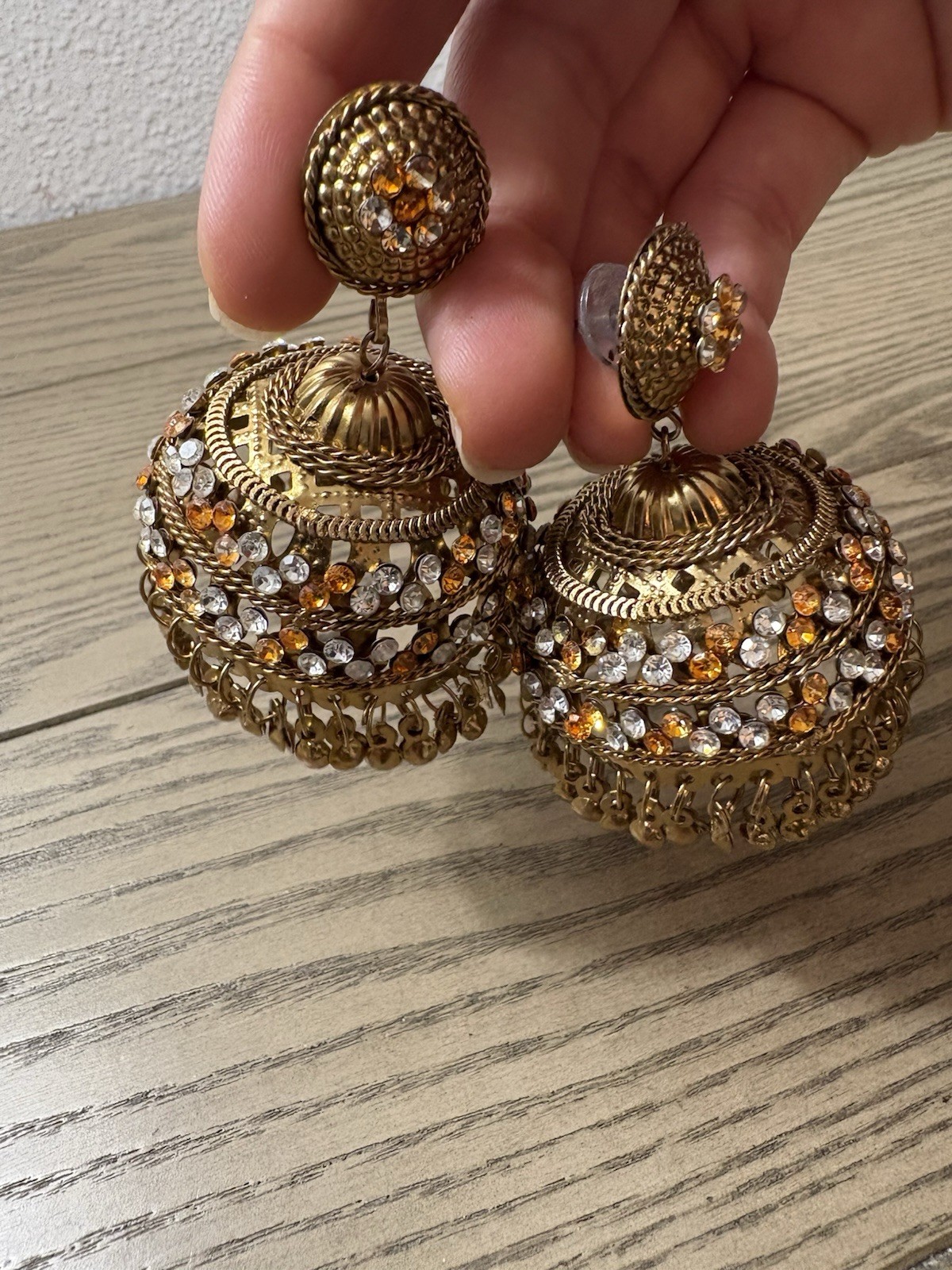 Earrings Brand new Gold & orange jhumka earrings with orange & clear rhinestones