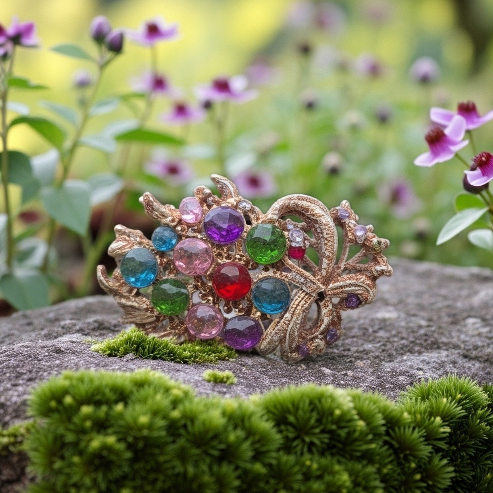Gold Tone Multicolor Crystal Cocktail Ring, Prong Set Asymmetrical Adjustable