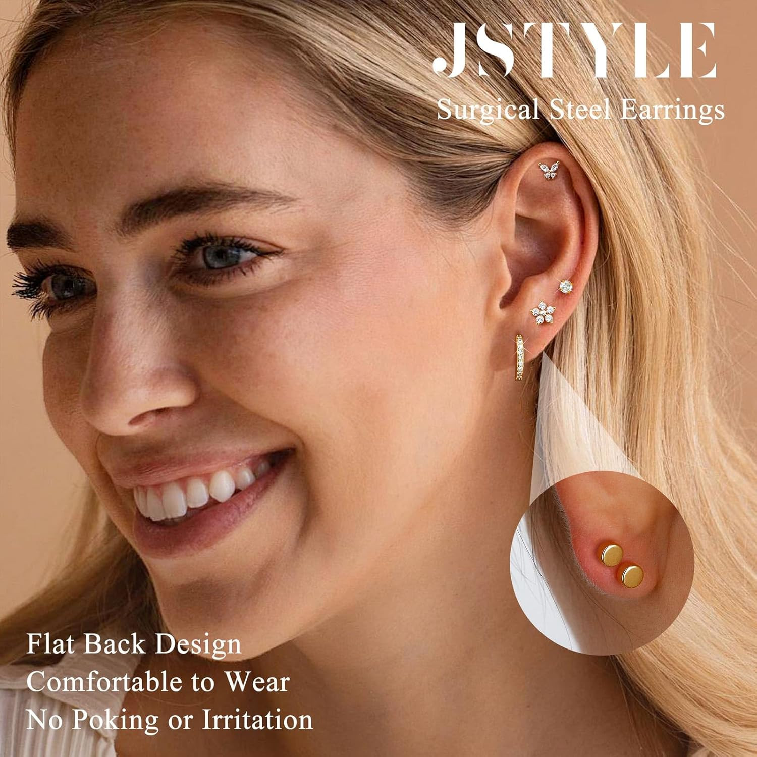 Hypoallergenic 14K Gold Plated Stud Hoop Earrings for Women Men Surgical Stainle