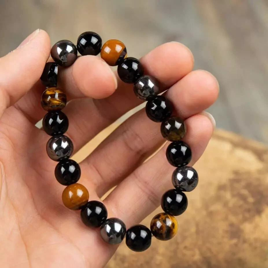 Triple Protection 10MM Bead Tiger Eye Obsidian Hematite Man’s Stretch Bracelet